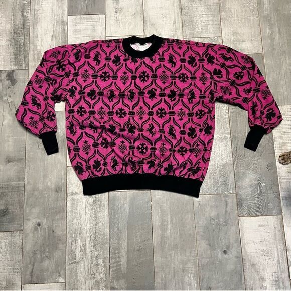 VTG 80's 90s Pink Black colorful Damask print Drop Shoulder Boxy sweatshirt M - Picture 6 of 12